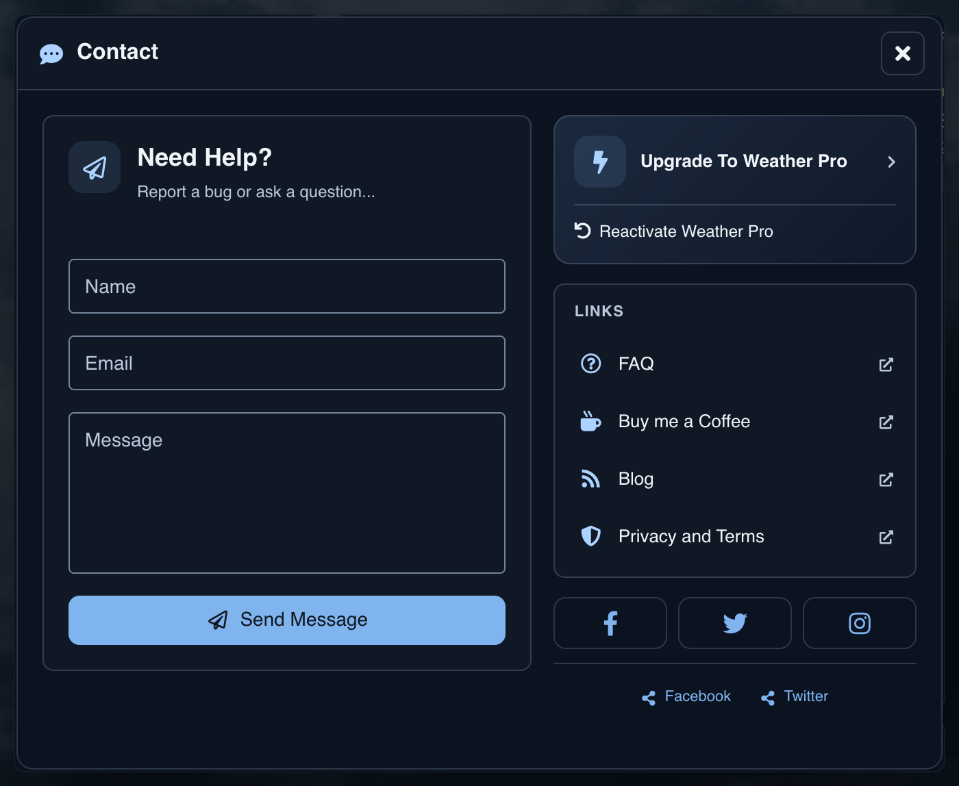 Contact panel with Name, Email, and Message fields beside upgrade and help links