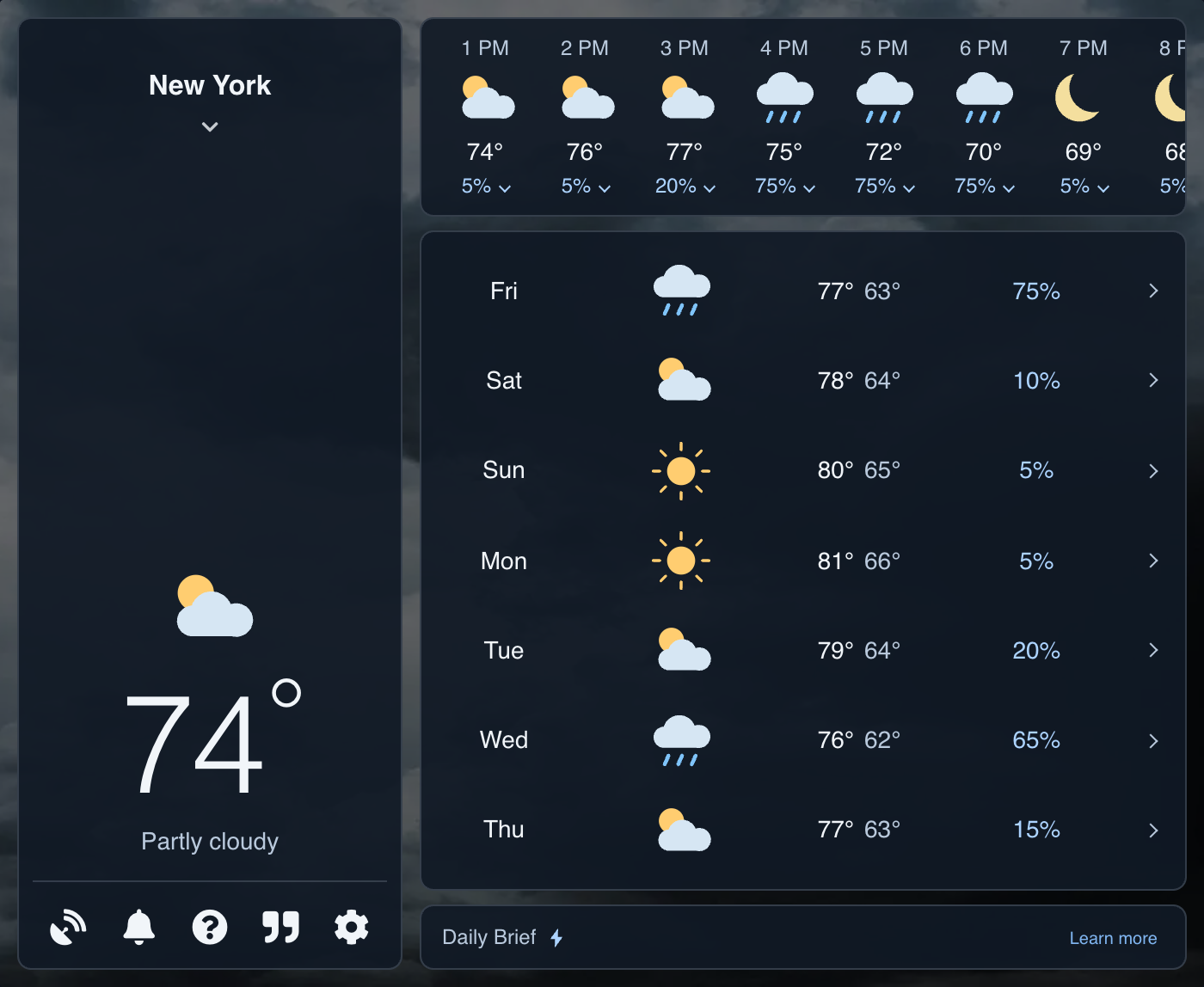 Weather Extension with the temperature, hourly forecast, and daily outlook
