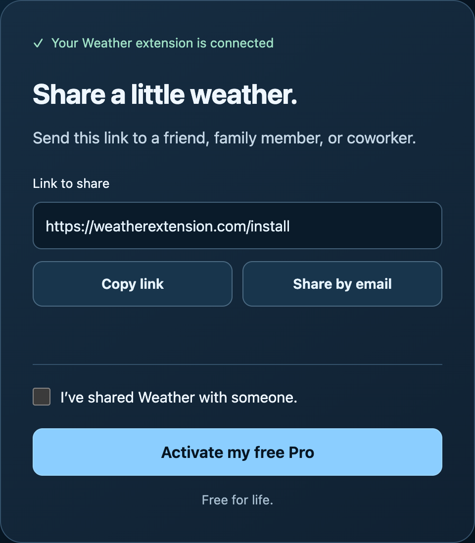 Free Pro page showing Copy link, Share by email, sharing confirmation, and Activate my free Pro