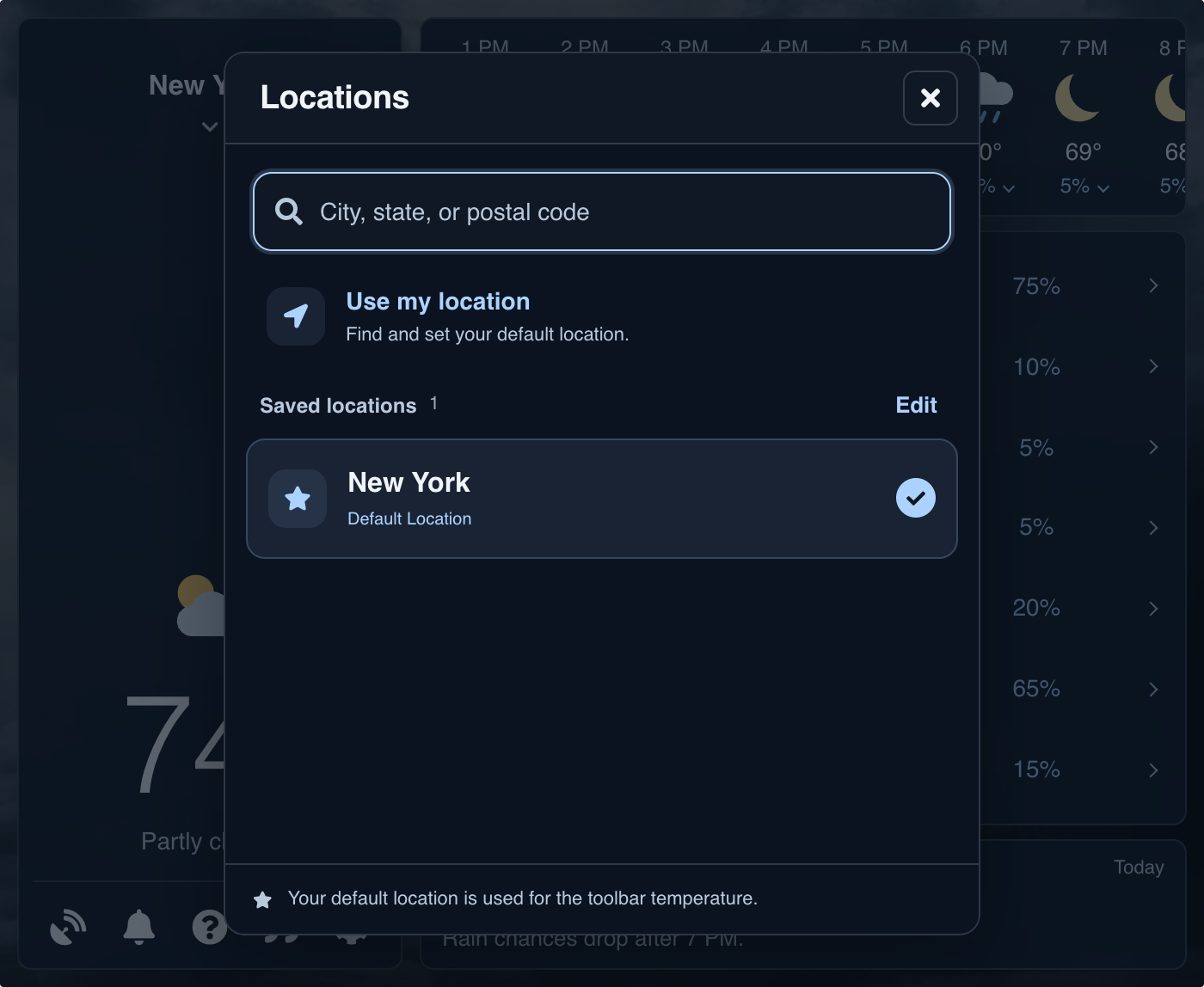 Locations panel with city search, Use my location, Edit, and New York as the saved default