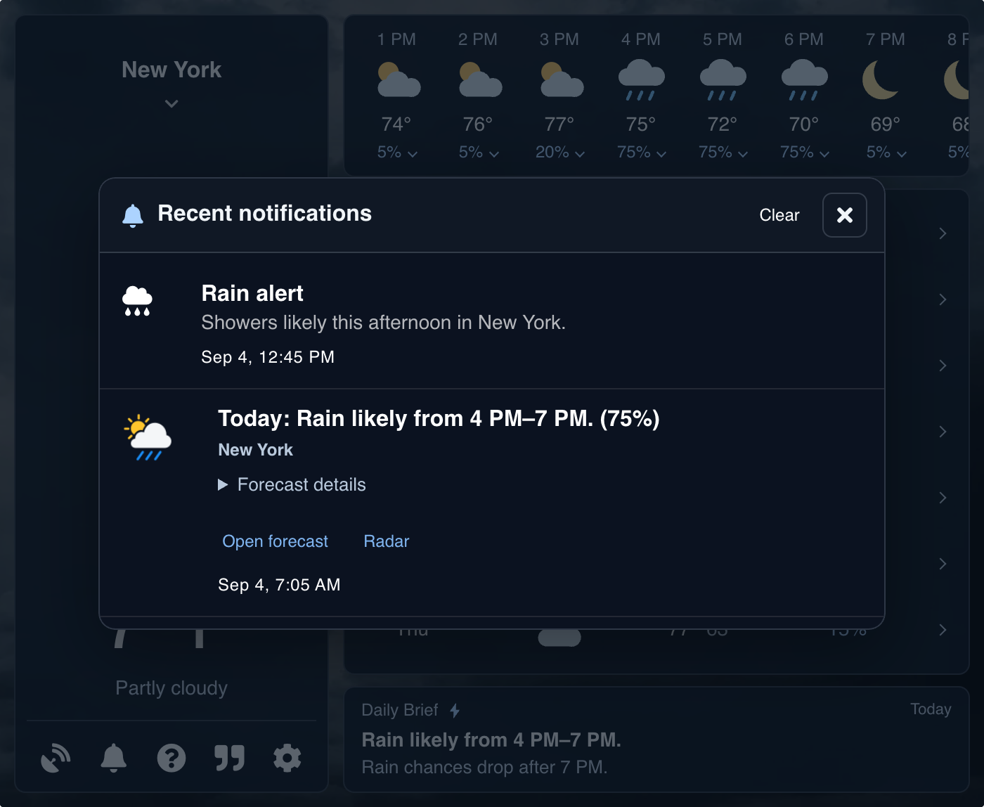 Recent notifications panel with a summary and weather alerts
