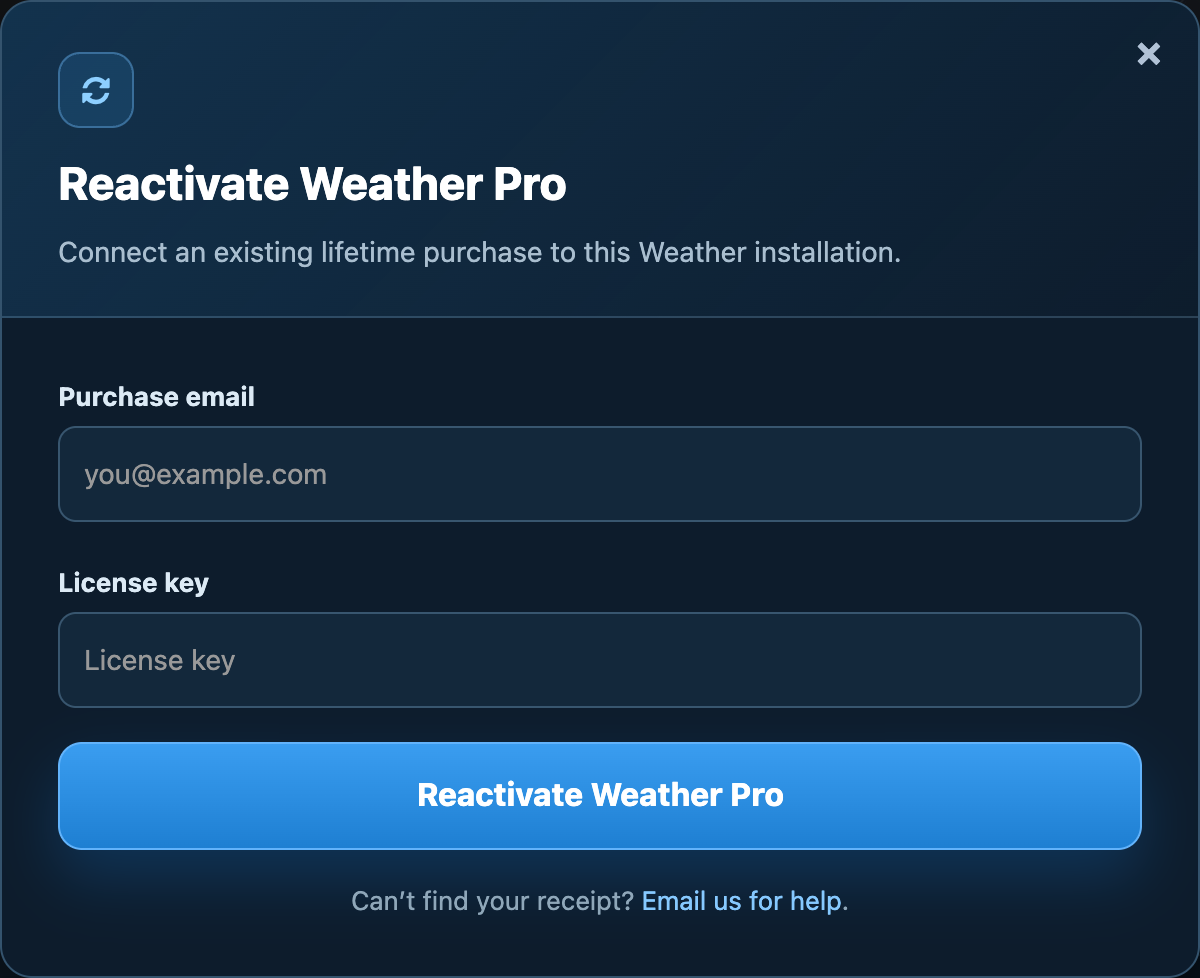 Website fallback for restoring Weather Pro, with empty purchase email and license key fields