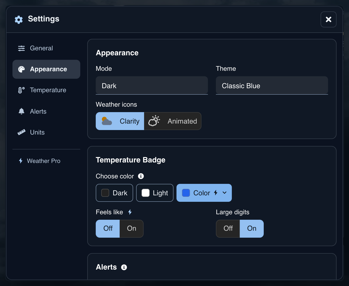 Appearance settings with Mode, Theme, and Clarity or Animated icons