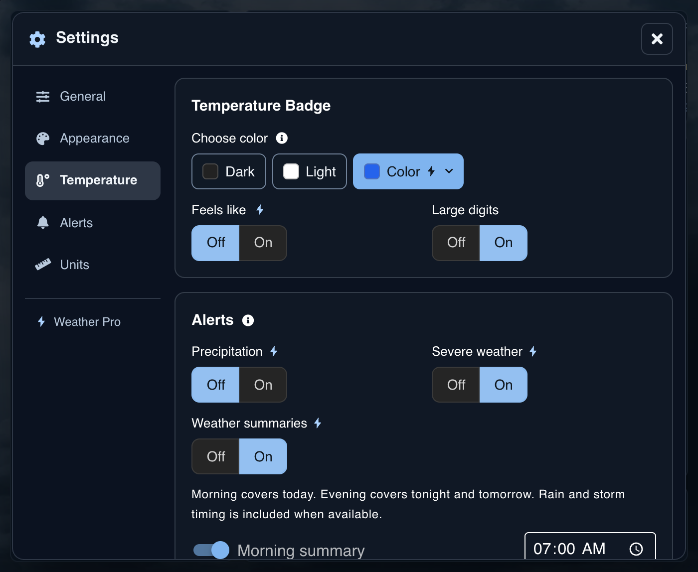 Temperature Badge settings with Dark, Light, and Color choices, feels-like temperature, and large digits
