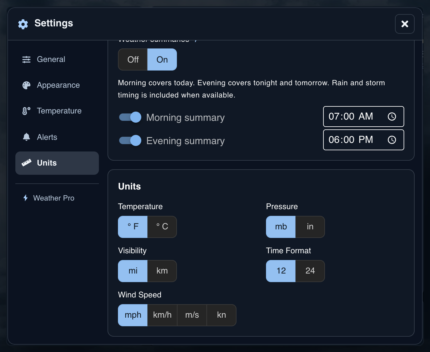 Units settings for temperature, wind speed, pressure, distance, and time format