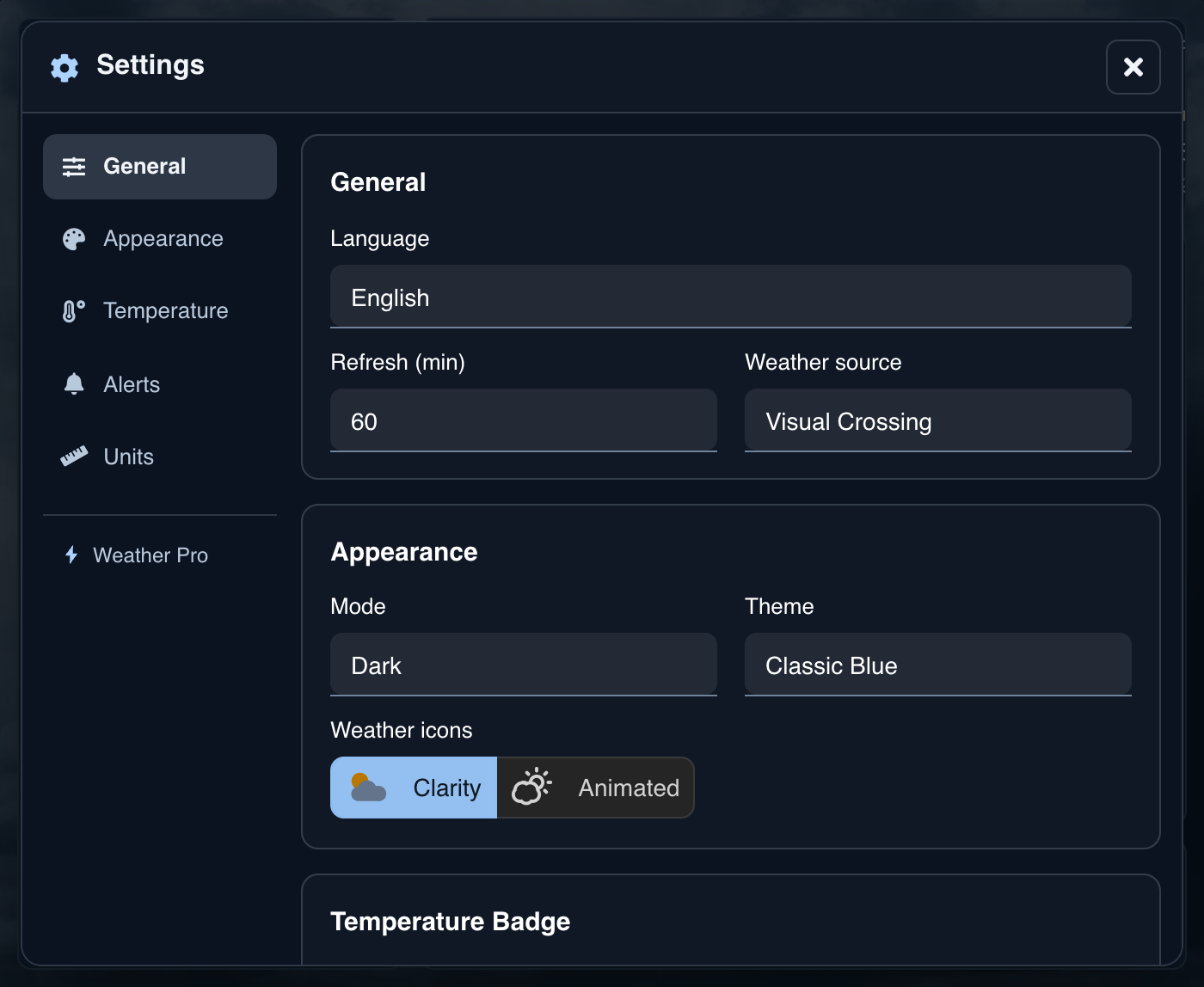 General settings with language, weather source, refresh interval, and navigation to the other settings sections