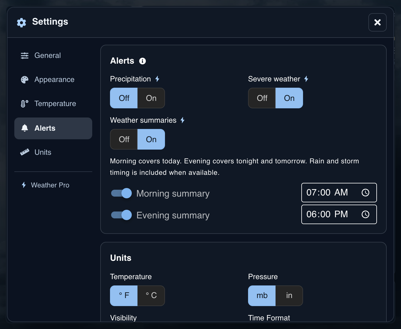 Weather summary settings with morning and evening time controls