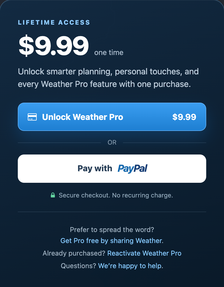 Upgrade page with the Get Pro free by sharing Weather link beneath the payment options