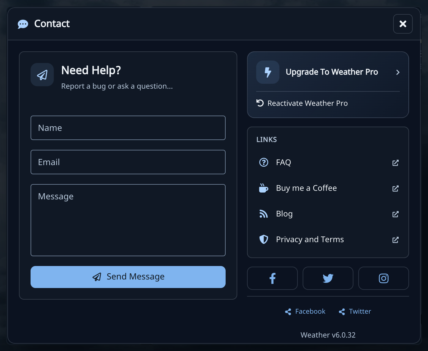 Contact panel with Name, Email, and Message fields beside upgrade and help links
