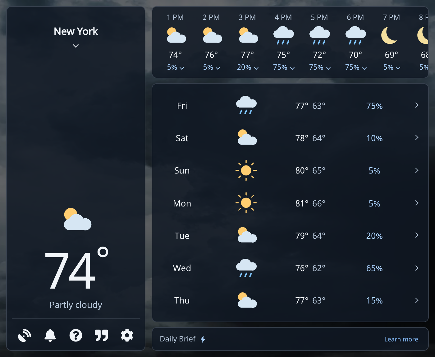 Weather Extension with the temperature, hourly forecast, and daily outlook