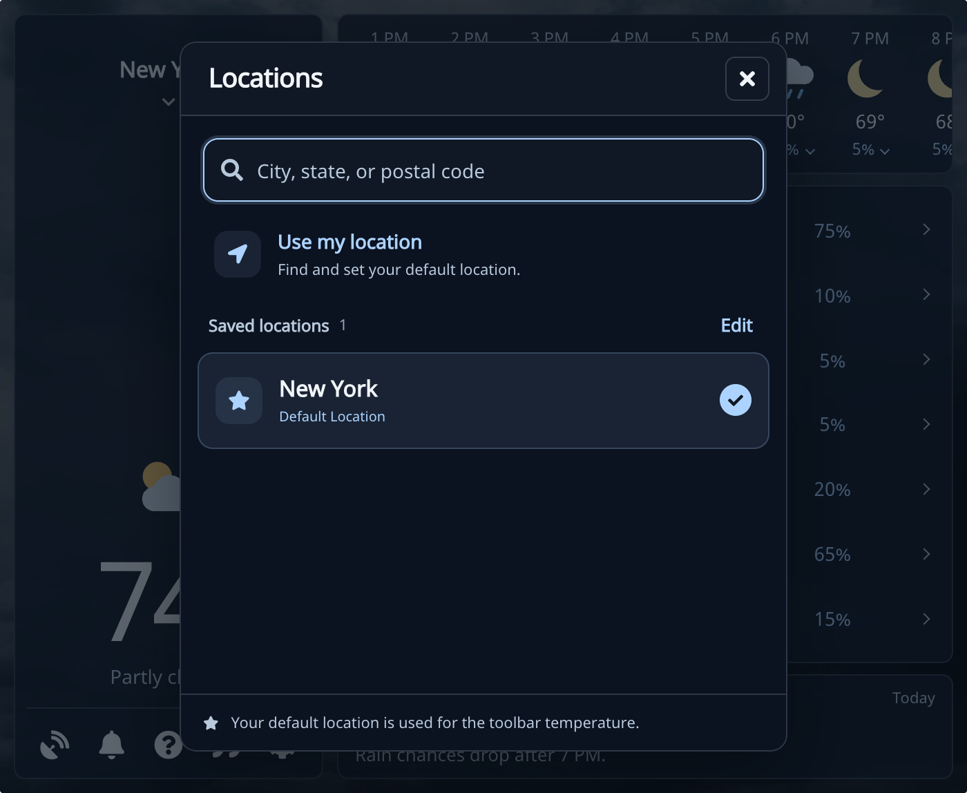 Locations panel with city search, Use my location, Edit, and New York as the saved default