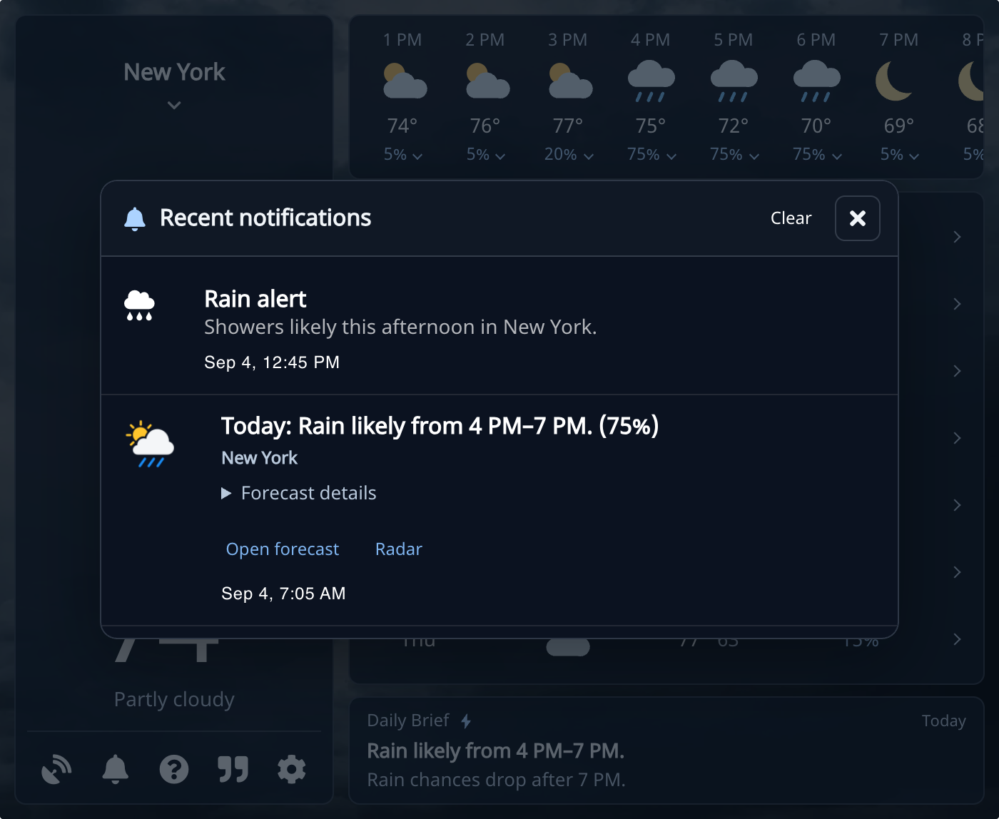 Recent notifications panel with a summary and weather alerts