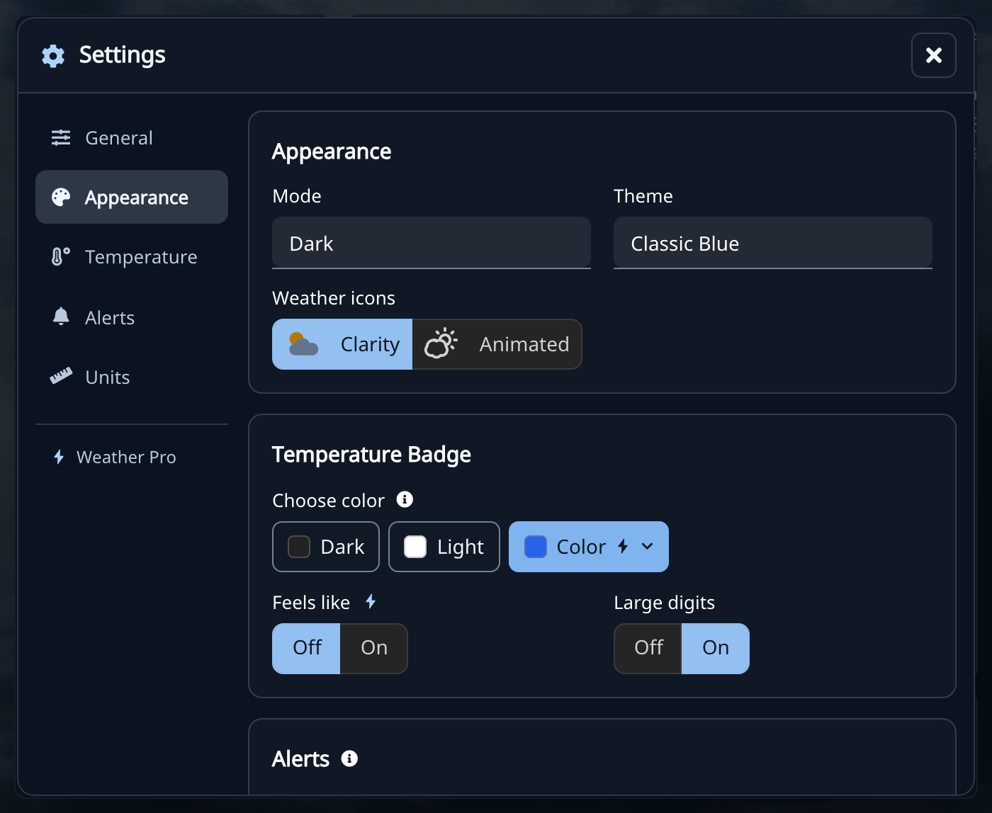 Appearance settings with Mode, Theme, and Clarity or Animated icons