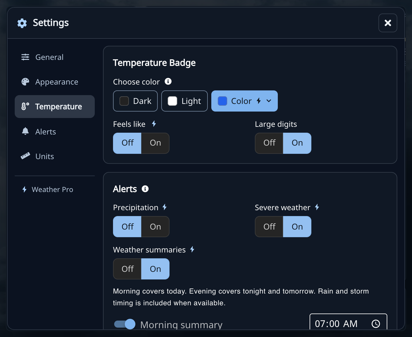 Temperature Badge settings with Dark, Light, and Color choices, feels-like temperature, and large digits
