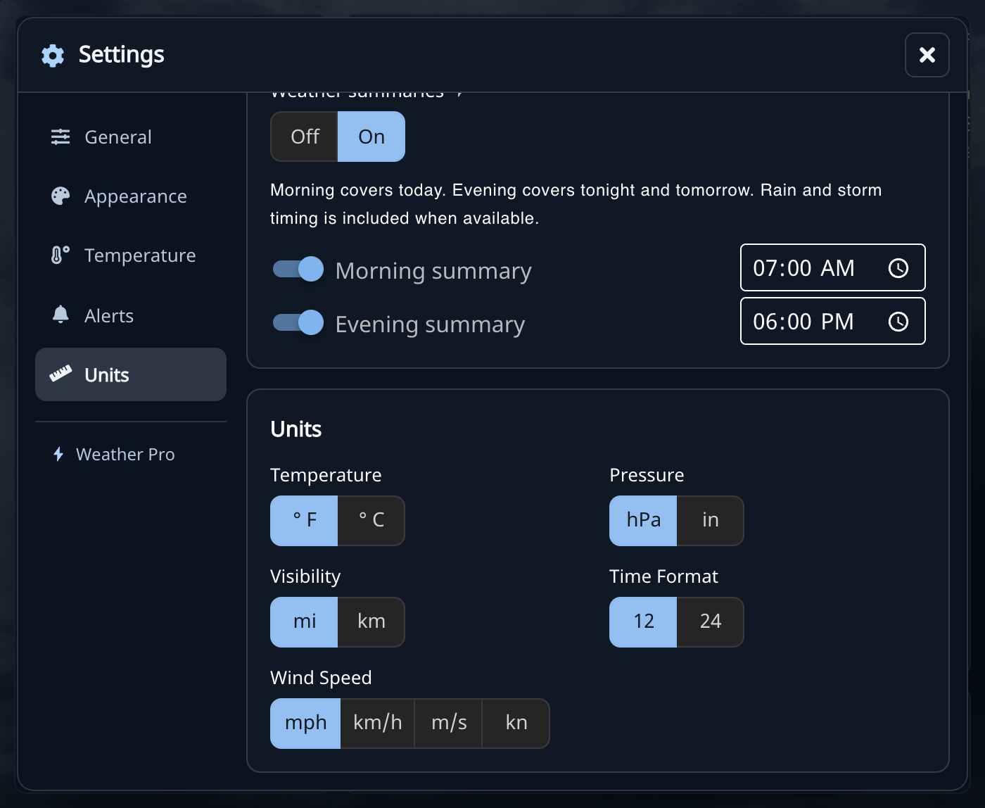 Units settings for temperature, wind speed, pressure, distance, and time format