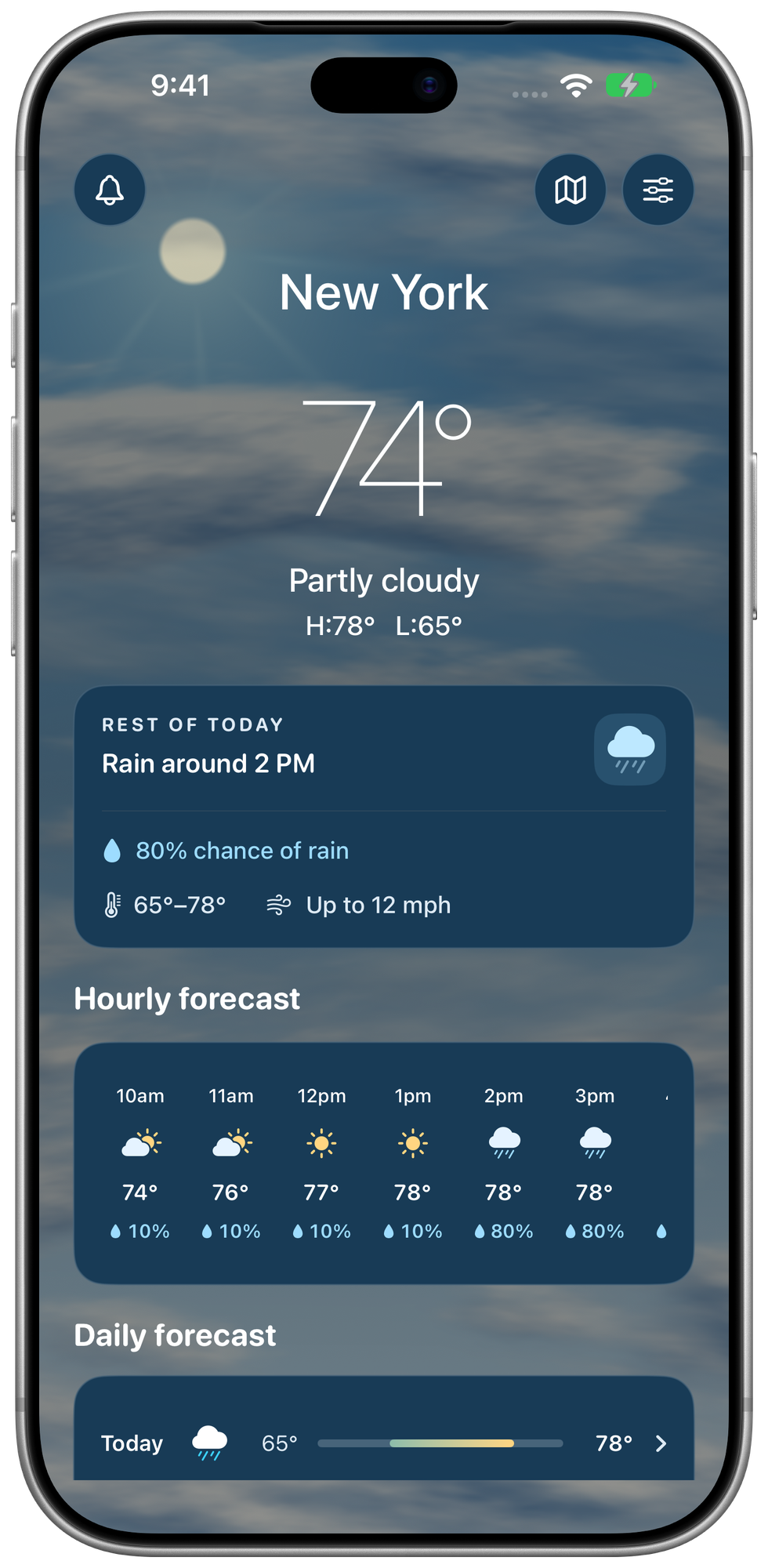 WeatherExt in dark mode showing New York weather, a daily brief, and the hourly forecast.