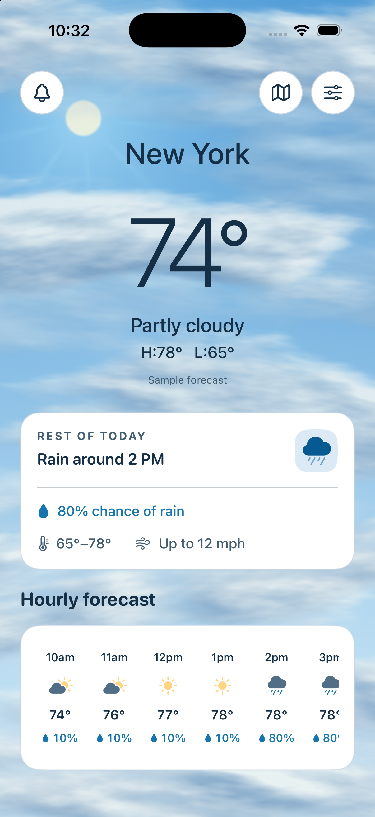 WeatherExt on iPhone with sample New York weather: 74 degrees, partly cloudy, a daily brief, and hourly rain chances.