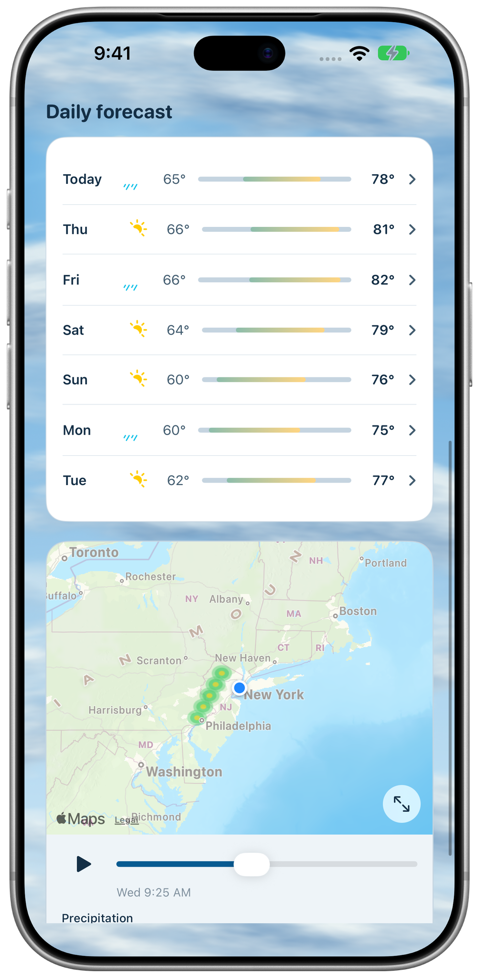 WeatherExt seven-day New York forecast with daily highs and lows above a radar map centered on New York City.
