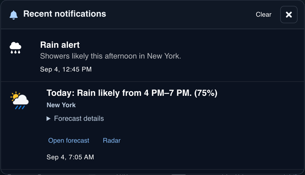 Recent notifications showing a rain alert for afternoon showers and a morning weather summary for New York.