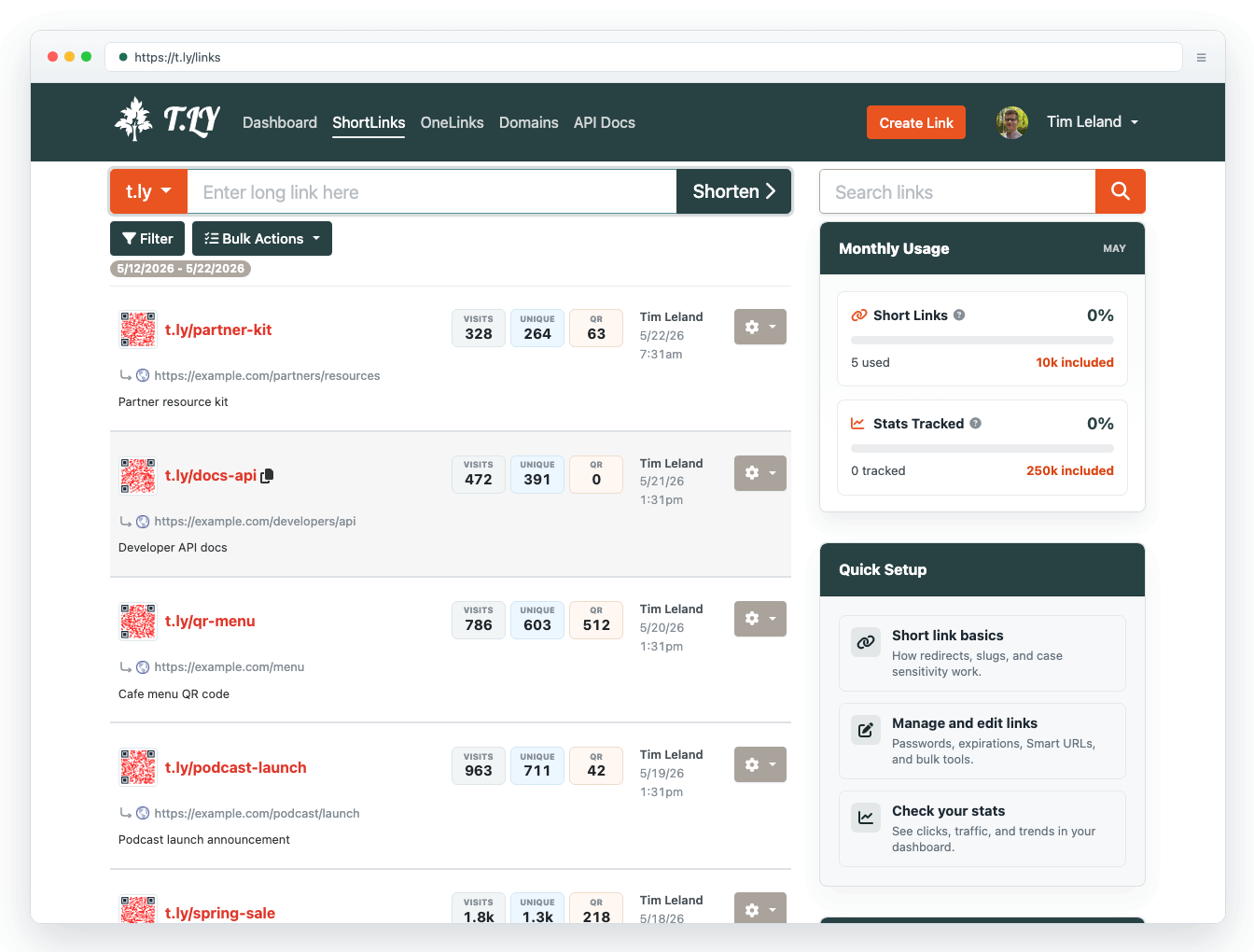 T.LY dashboard showing short links, QR codes, and click counts.