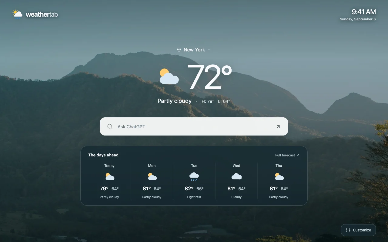 WeatherTab showing sample New York weather over sunlit mountains, an Ask ChatGPT search box, and the days ahead.