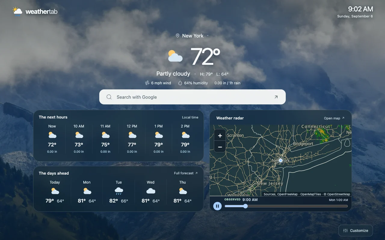 Expanded WeatherTab dashboard with hourly and daily forecasts beside the interactive radar.