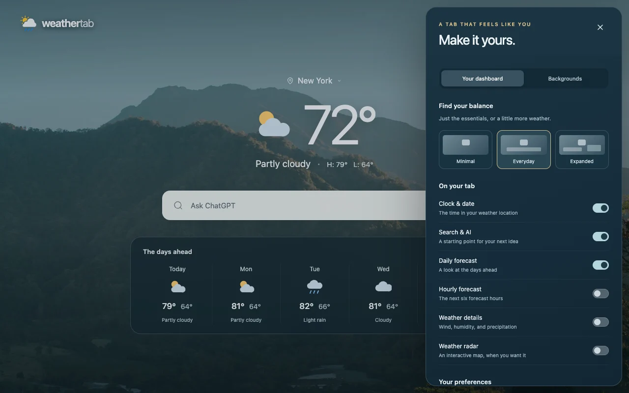 WeatherTab customization panel showing Minimal, Everyday, and Expanded presets and switches for the clock, search, forecasts, weather details, and radar.