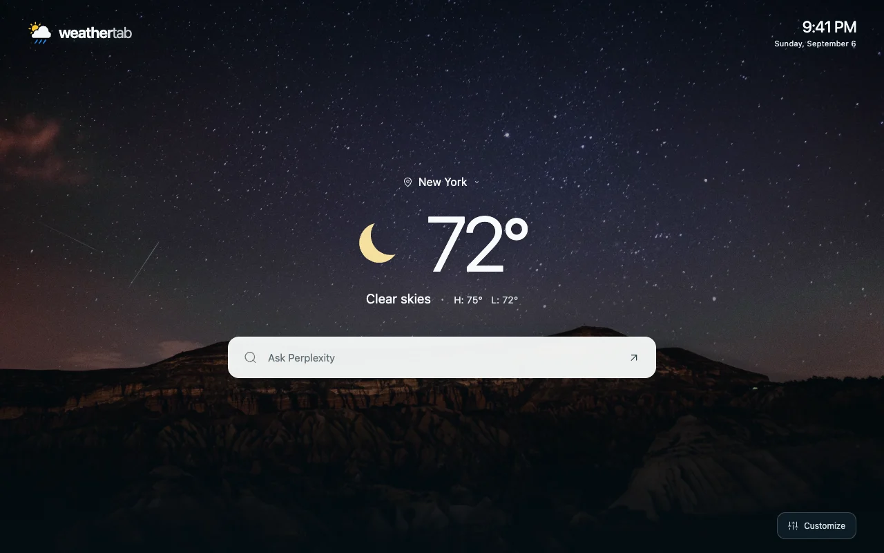 Minimal WeatherTab dashboard with clear night weather, an Ask Perplexity search box, and a starry mountain background.