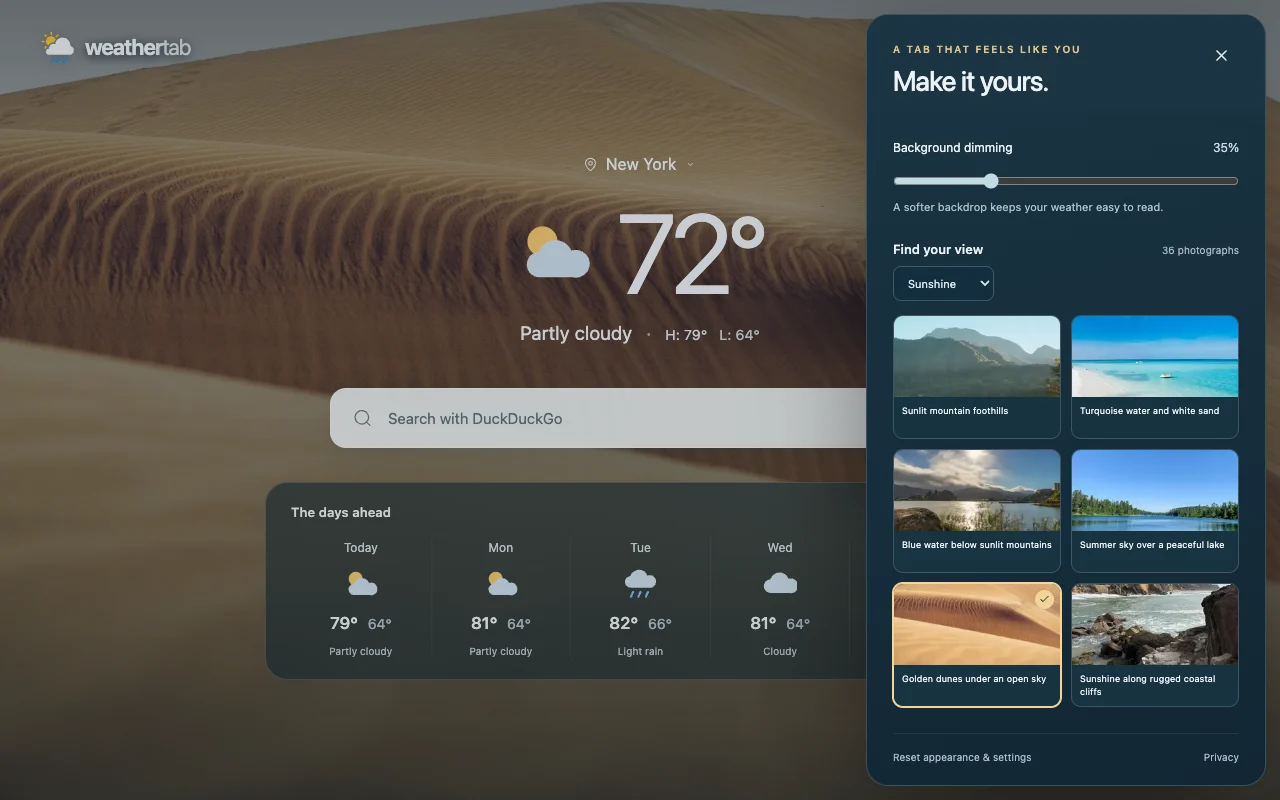 WeatherTab background picker showing six sunshine photographs from a 36-photo collection, with golden dunes selected and a dimming control.