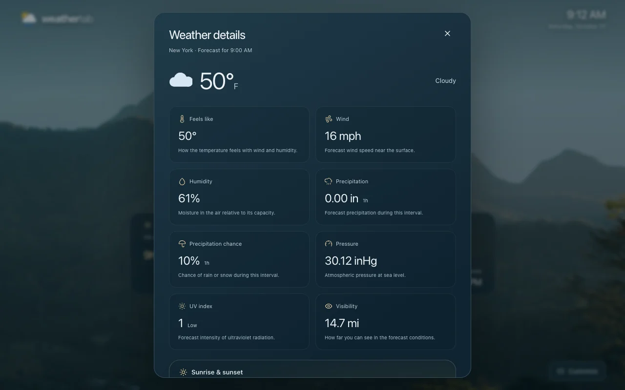 WeatherTab weather details panel for New York, with current readings, a sunrise and sunset arc, and moon information.
